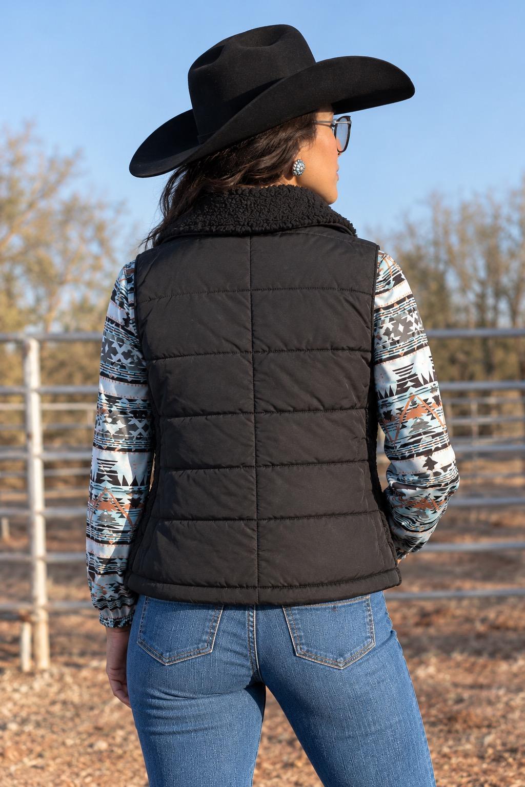 Montana Co. Women’s Reversible Polyfill Sherpa Crop Vest – Black