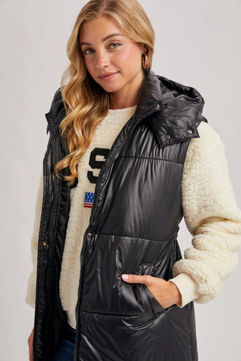 BLUIVY LONG LINE BELT PUFFER HOODED VEST - SIDE VIEW