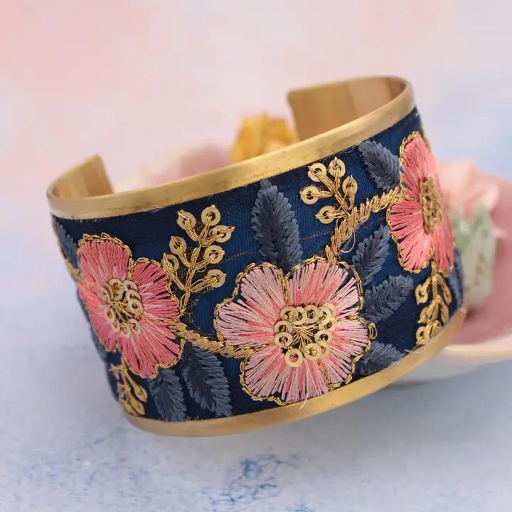 Vintage Pink Blue Embroidered Cuff Bracelet