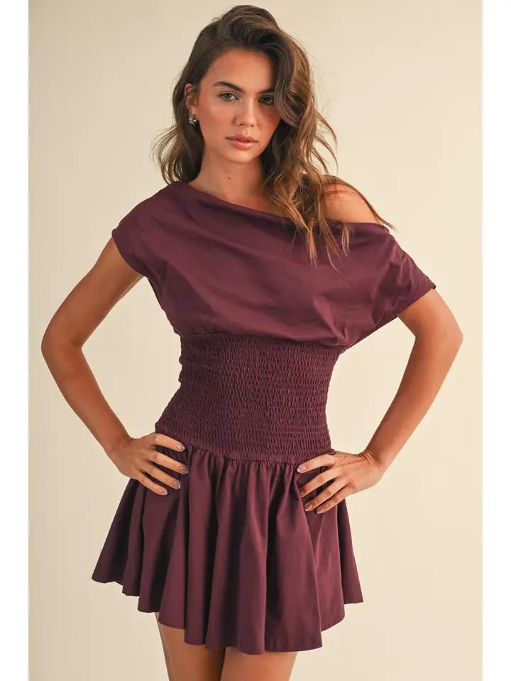 Off the Shoulder Smocked Waist Mini Dress