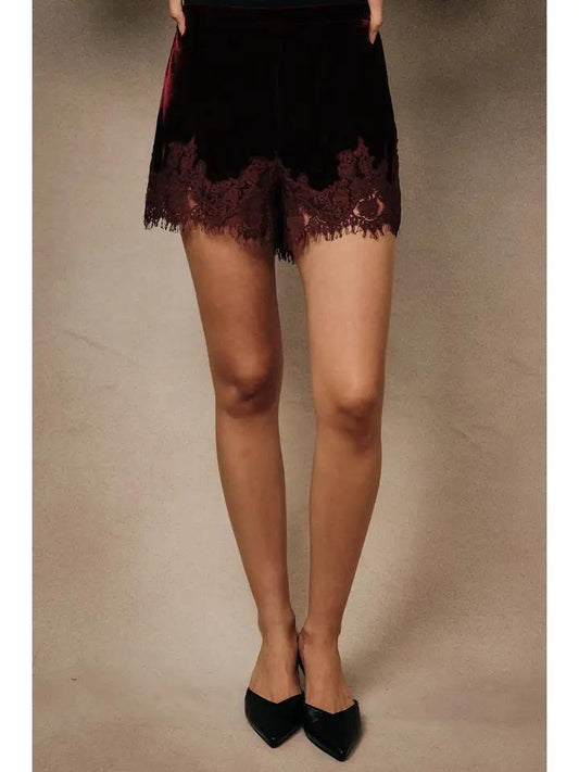 SUNDAY EDITION LACE APLIQUE HEM VELVET SHORT