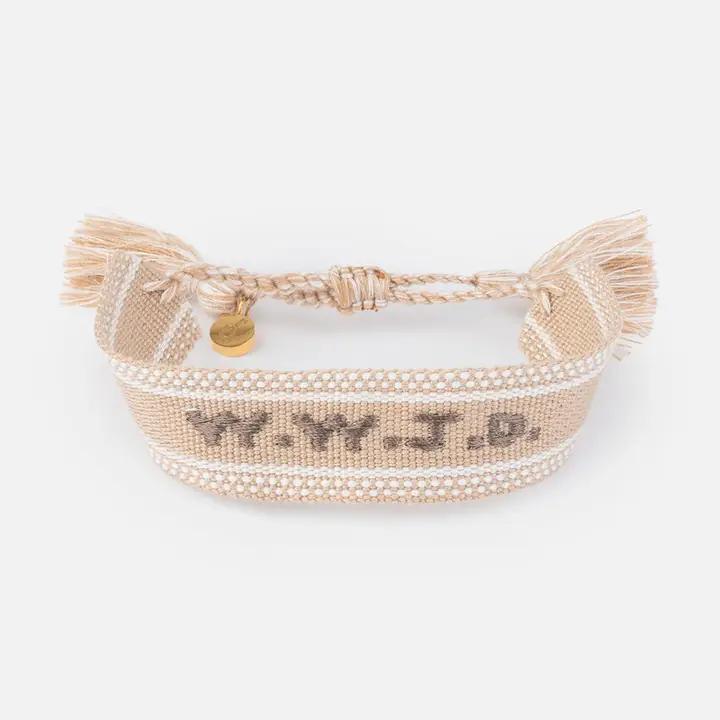 Elevated Faith WWJD Embroidered Bracelet – White, Beige & Blue