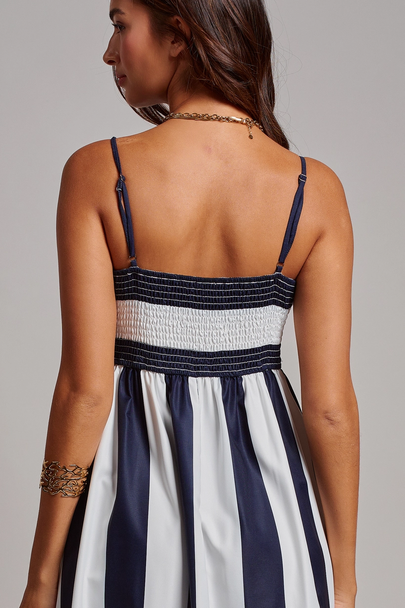 Vertical Stripe Smocked Back Maxi Dress - Ivory Navy
