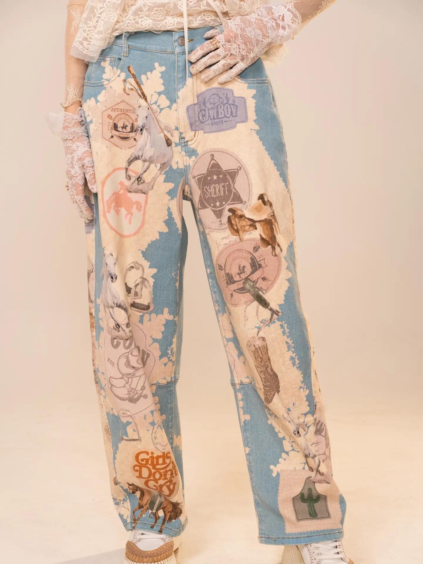 Western Motif Patch Loose Jeans
