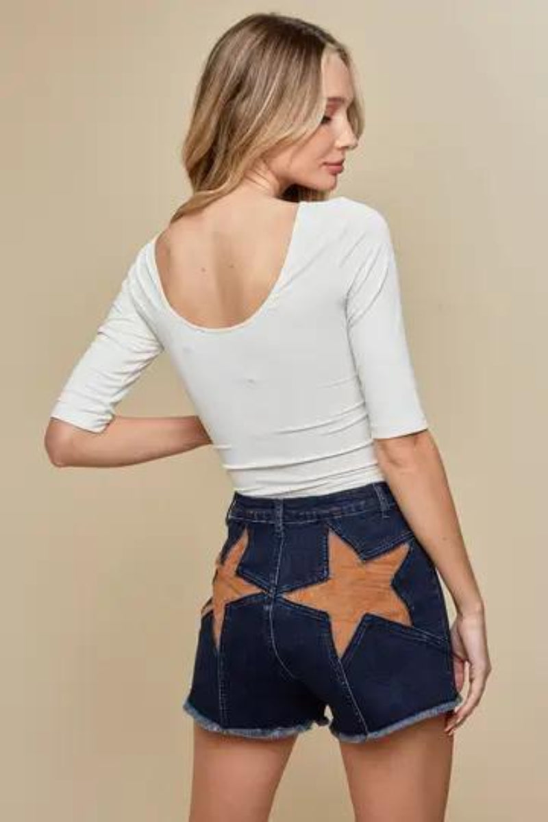 SAINTS & HEARTS DK. DENIM SHORTS W/TAN FAUX SUEDE STAR