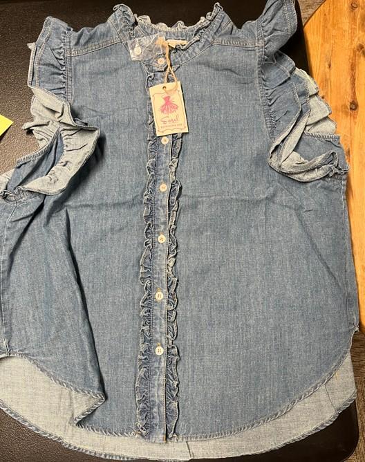 EASEL RUFFLE CAP SLVS WASHED DENIM TOP
