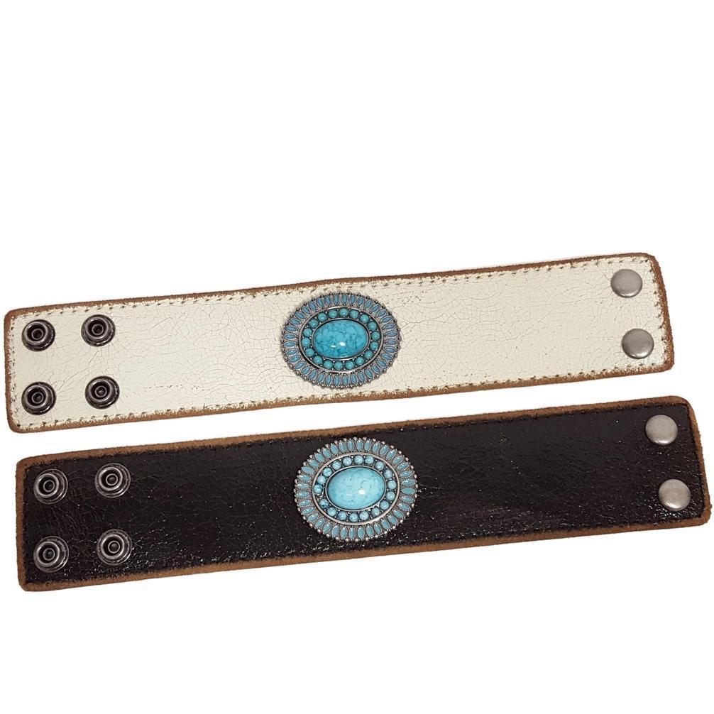 Vintage Distressed Leather Cuff Oval Turquoise Concho
