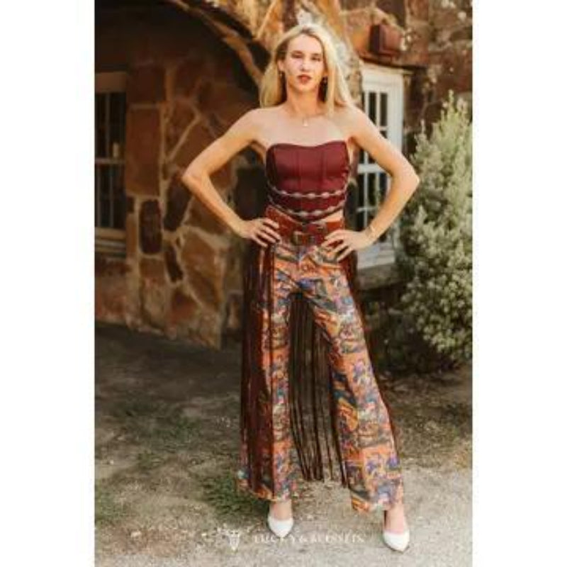LUCKY & BLESSED Camel Western Genuine Leather Long Fringe Belt
