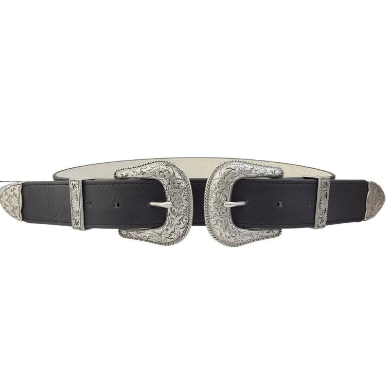 Axesoria West Silver Western Double Buckle Belt Black
