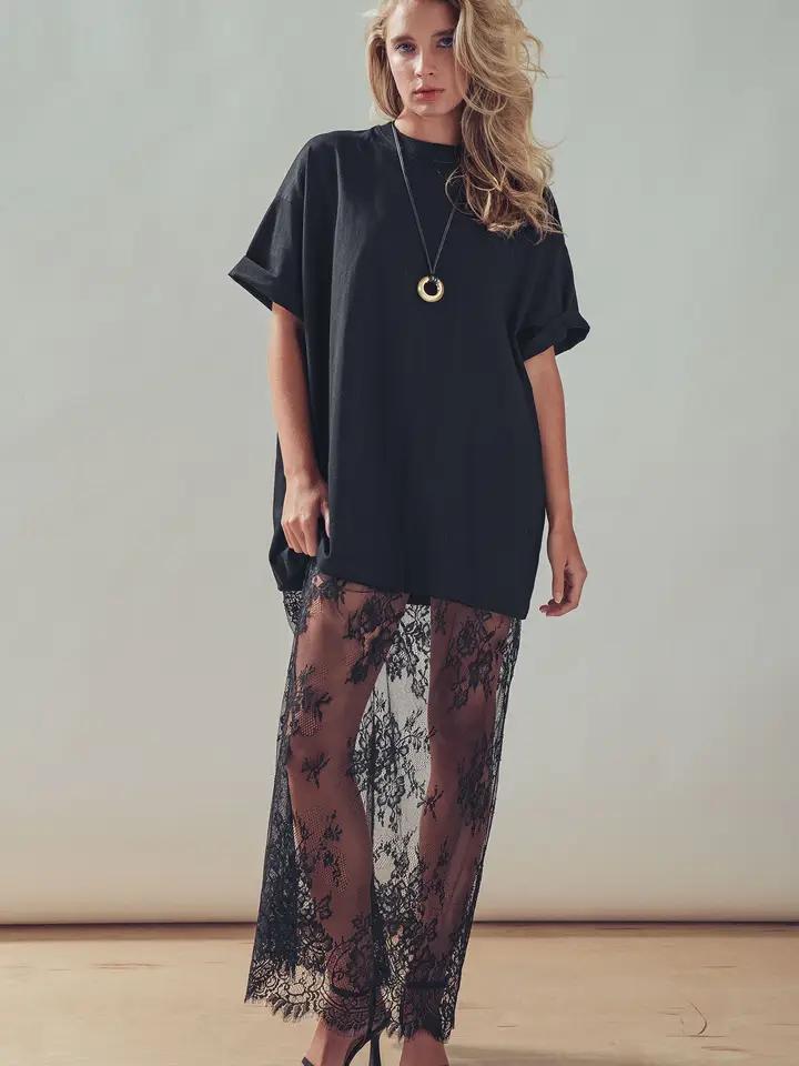 Mixed Media T-Shirt Dress with Sheer Lace Skirt