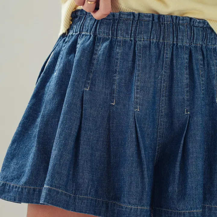 Pleated Denim Soft Shorts With Elastic Waist