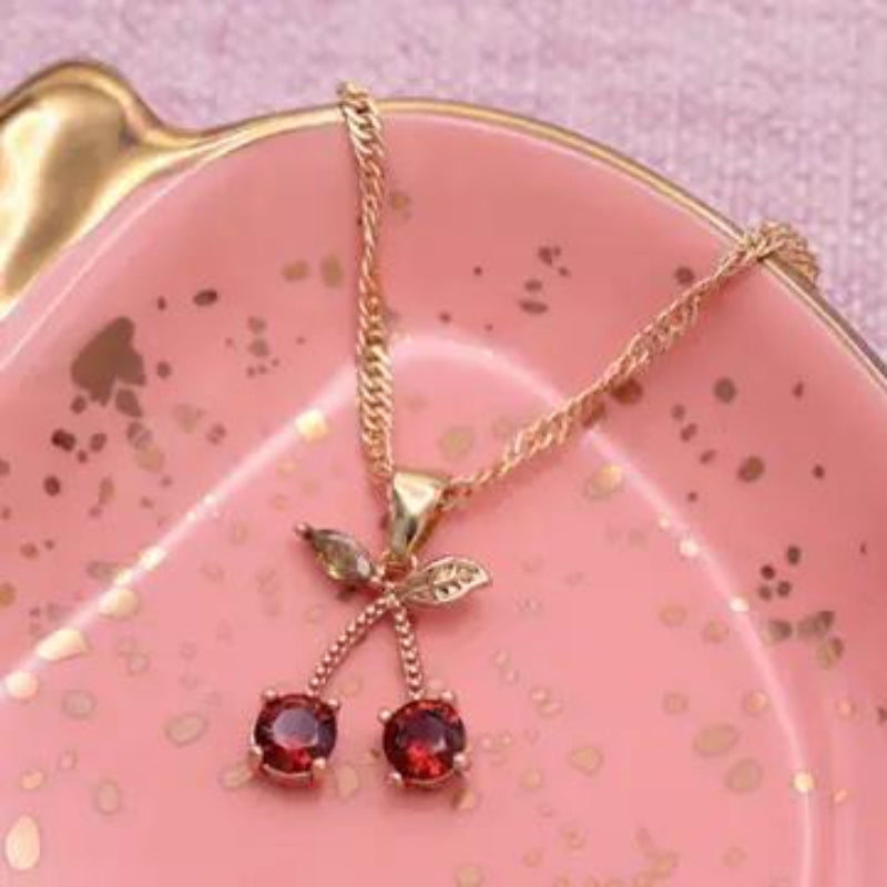 ZAD Sweet Crystal Cherries Gold Necklace