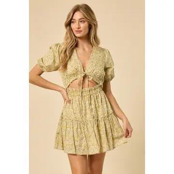 Front Tie Cutout Printed Tier Dress
