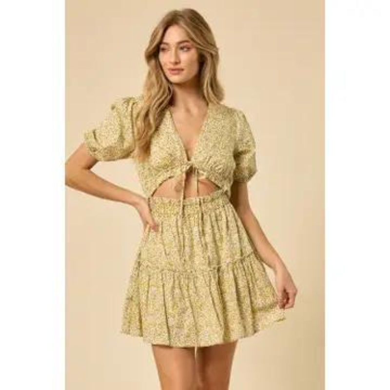 SAINTS & HEARTS YELLOW FRONT TIE CUTOUT PRINTED TIER DRESS