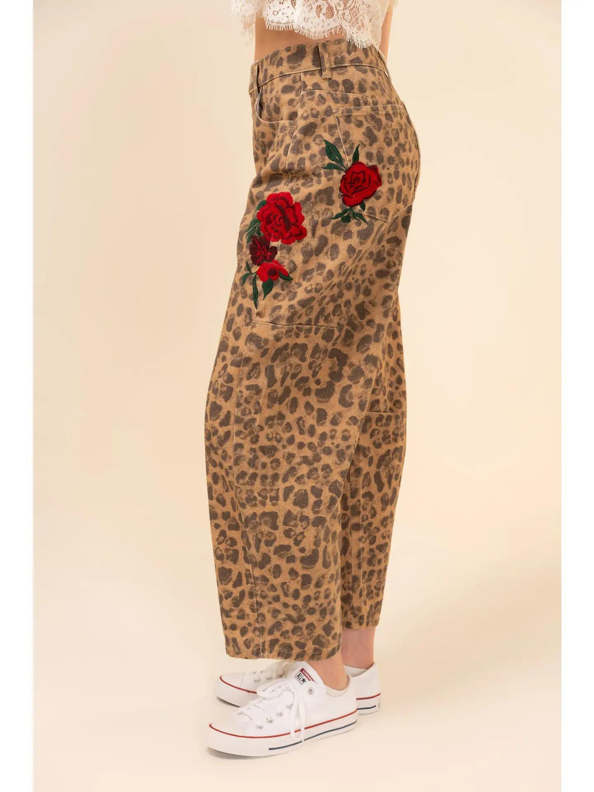 ROSE EMRBROIDERED LEOPARD BARREL PANTS