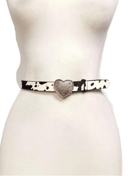 Western Silver Heart Buckle Cow Hair Leather Belt