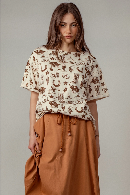 Western Graphic Print Relaxed Fit Tee - Cream
