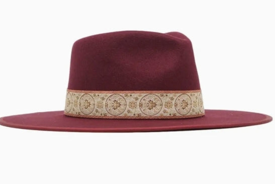 Banded 100% Wool Felt Structed Rancher, Satin Lined Burgandy Hat