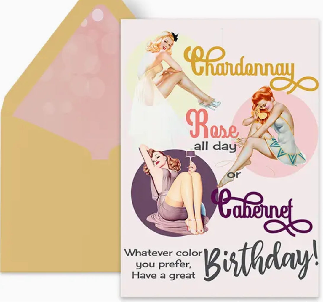 Wine Lover Pinup Girls Red White Rose Birthday Greeting Card