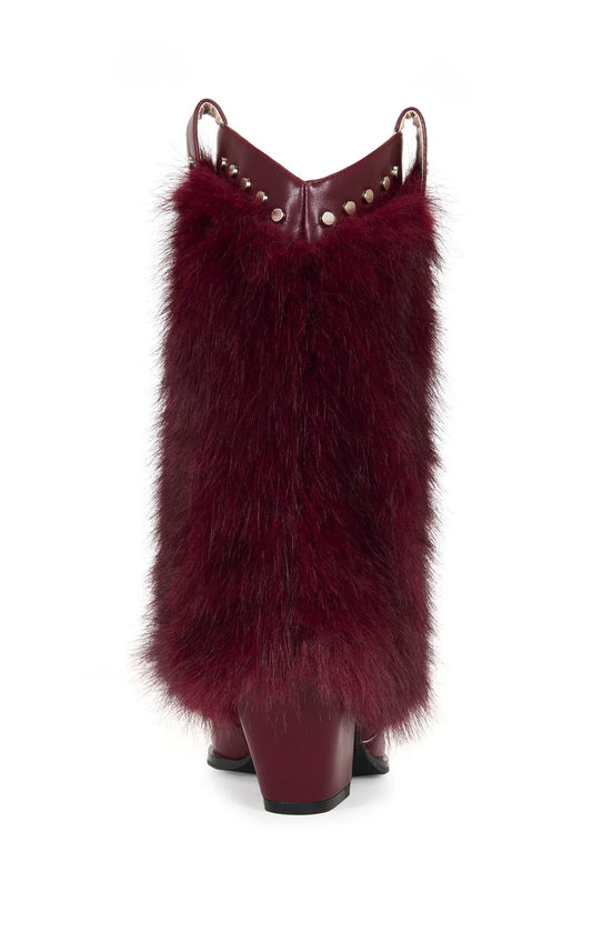 Violetta-Burgundy Faux Fur Western Bootie