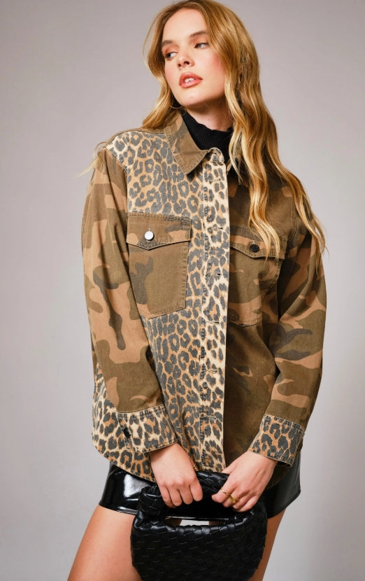 Blue B Mix Media Camo Leopard Snap Jacket
