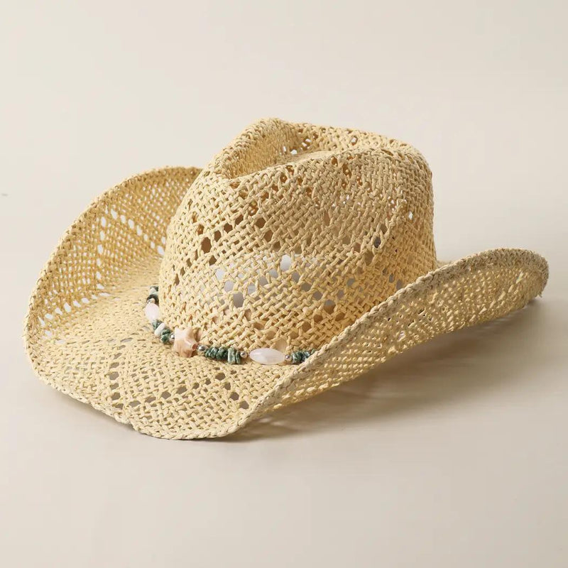 Fashion City Paper Straw Cowboy Hat With Shell Beaded Band 