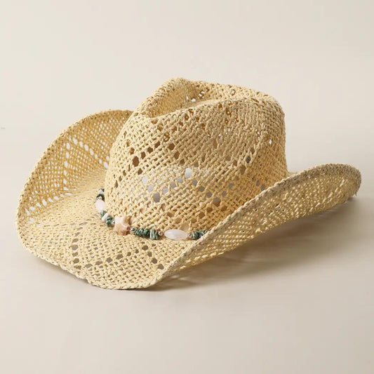 Fashion City Paper Straw Cowboy Hat With Shell Beaded Band 