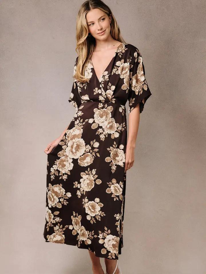 Sunday Edition Surplice V Neck Kimono Sleeve Floral Midi Dress