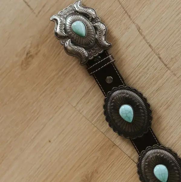 Turquoise Concho Belt – Brown Leather