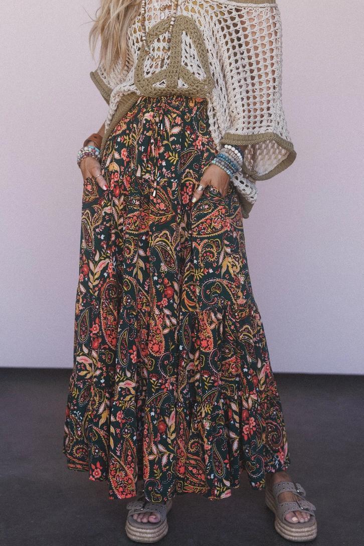 Three Bird Nest Tiered Maxi Skirt – Coral Multi