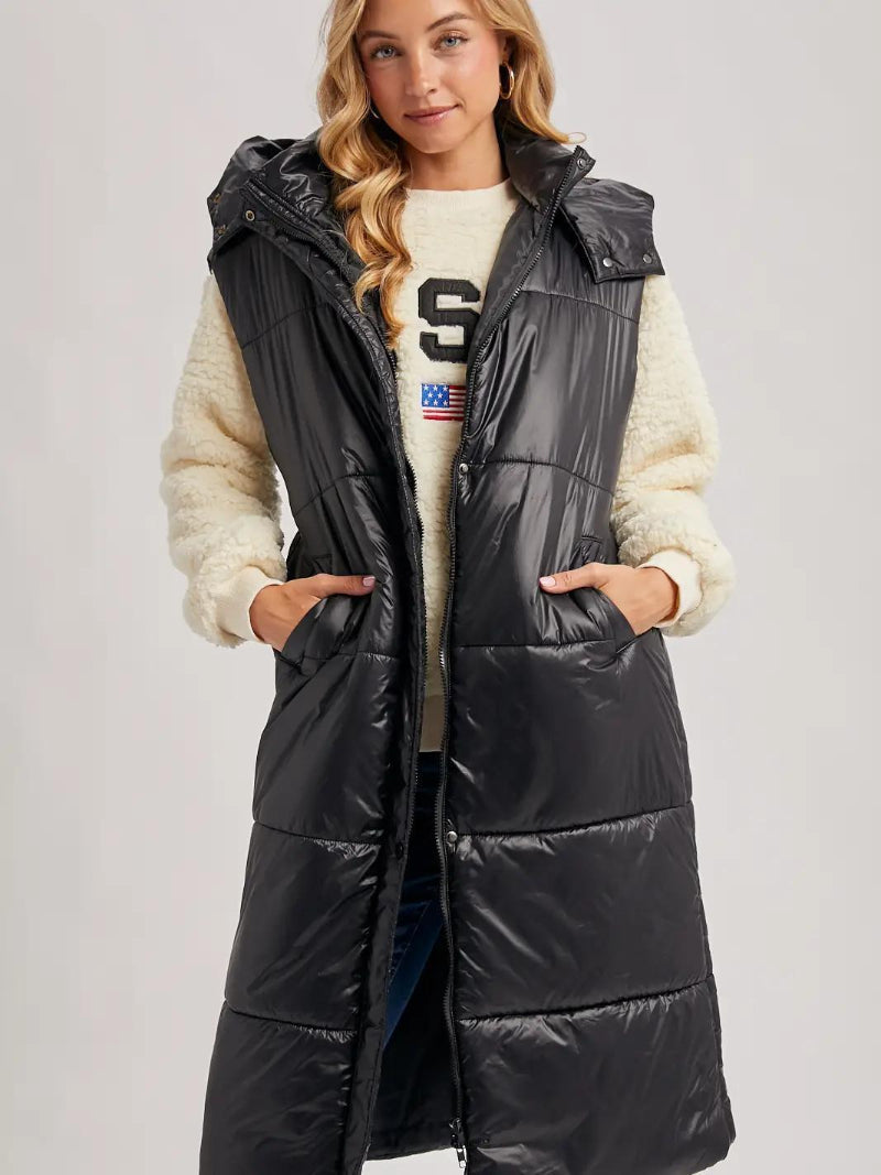 BLUIVY LONG LINE BELT PUFFER HOODED VEST - FRONT VIEW