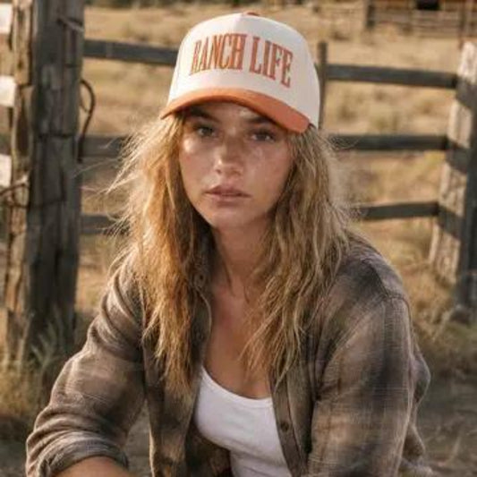 C.C RANCH LIFE Letter Embroidered Two Tone Trucker Hat Burnt Orange - Front View