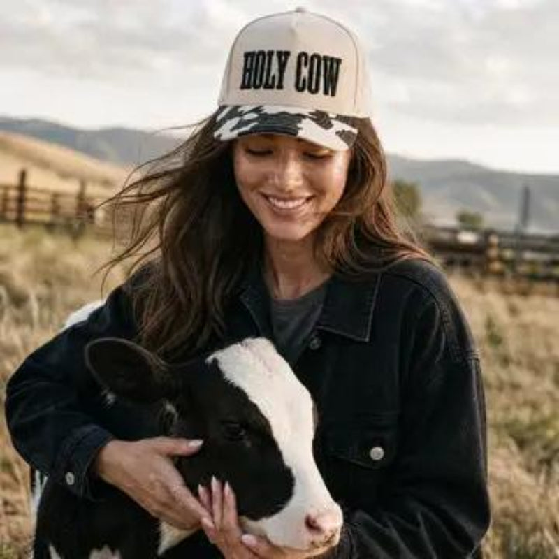 C.C HOLY COW Letter Embroidered Two Tone Trucker Hat Black - Front View
