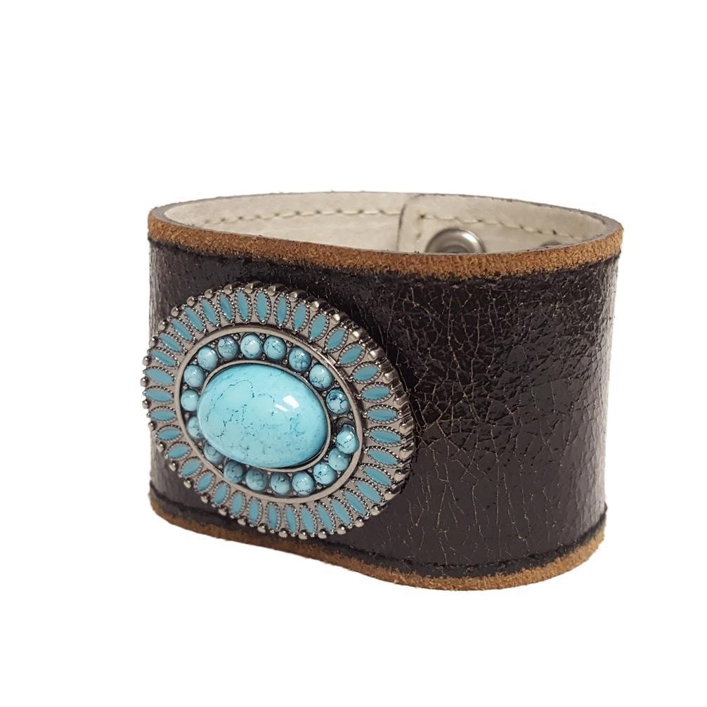 Vintage Distressed Leather Cuff Oval Turquoise Concho