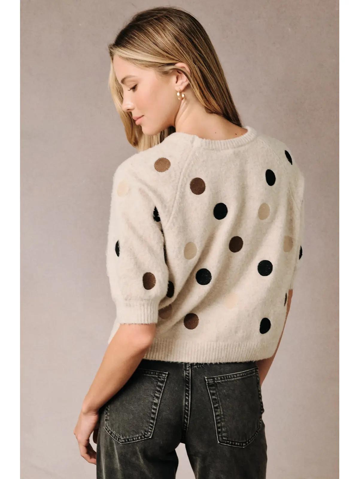 Fuzzy Polka Dot Raglan Short Sleeve Knit Sweater