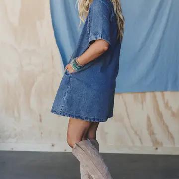 Three Bird Nest Pocket Dress – Blue