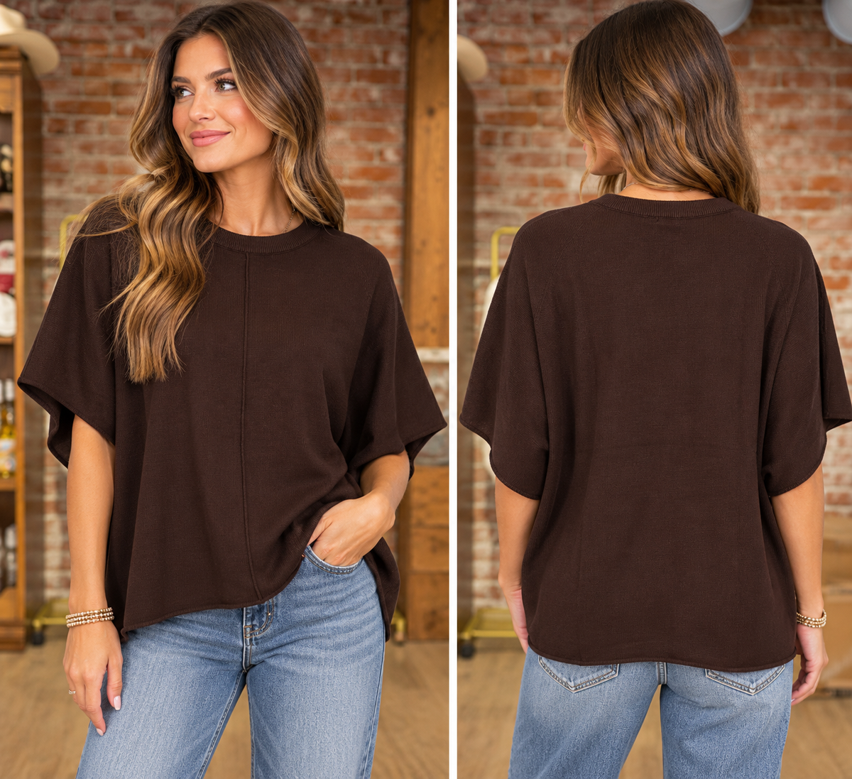 Wide Short Sleeve Knit Top - Brown