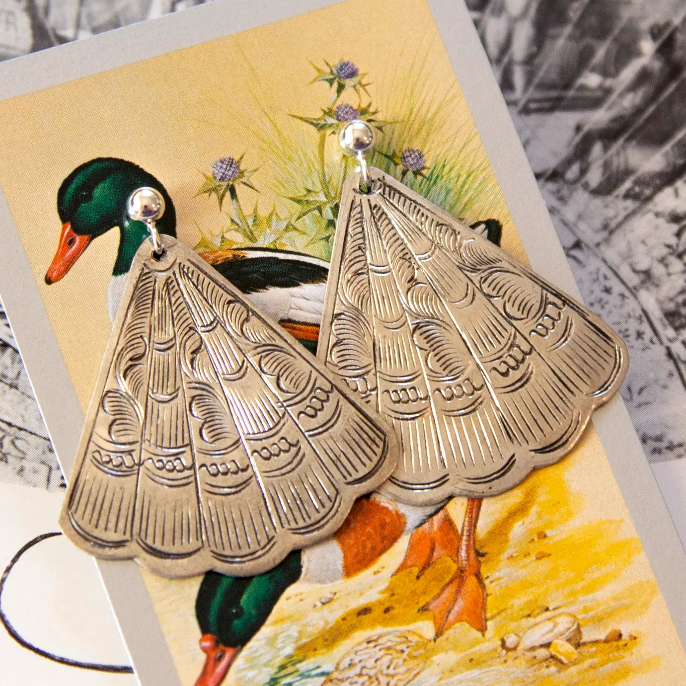 Vintage Silver Fan Charm Earrings