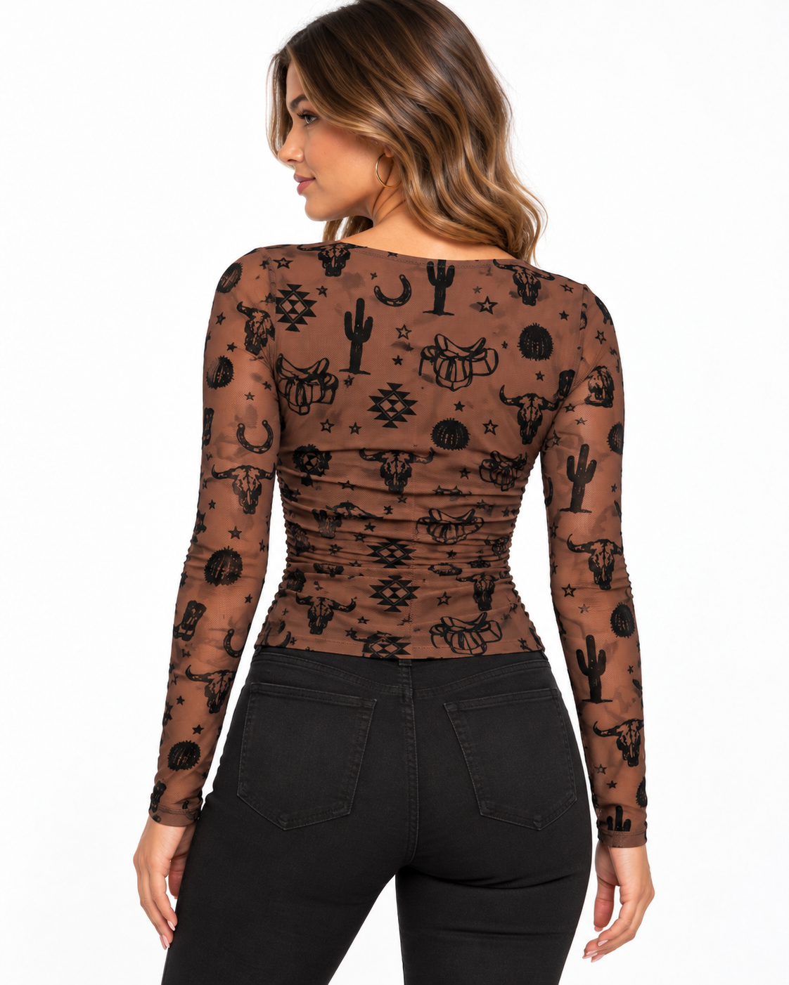 Rock & Roll Denim Flocked Mesh Top Java