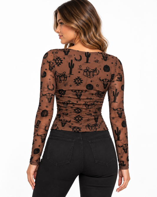 Rock & Roll Denim Flocked Mesh Top Java