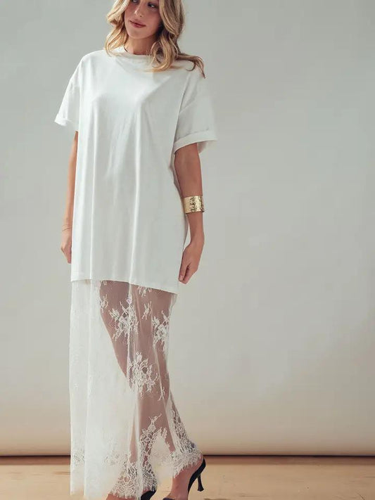 Mixed Media T-Shirt Dress with Sheer Lace Skirt