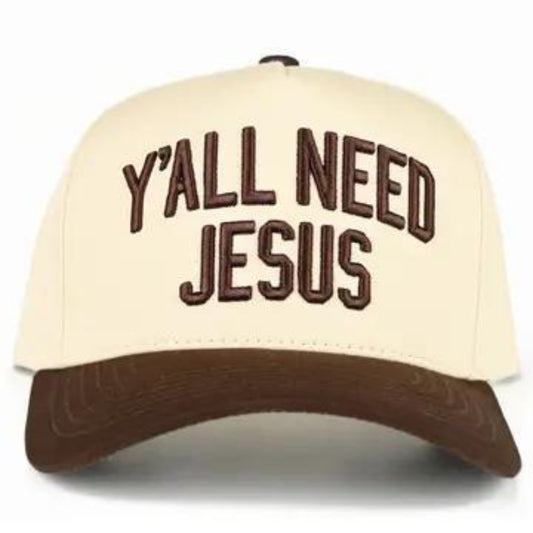 C.C Y'ALL NEED JESUS Embroidered Letter Two Tone Trucker Hat Brown