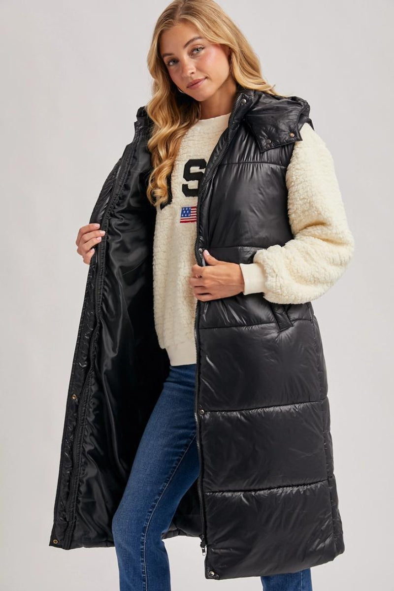 BLUIVY LONG LINE BELT PUFFER HOODED VEST - FRONT VIEW