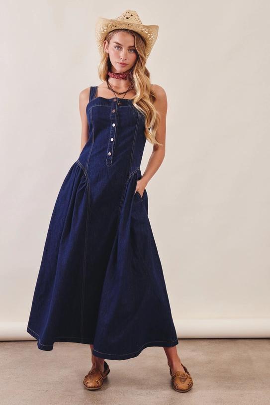 Button-Front Denim Maxi Dress