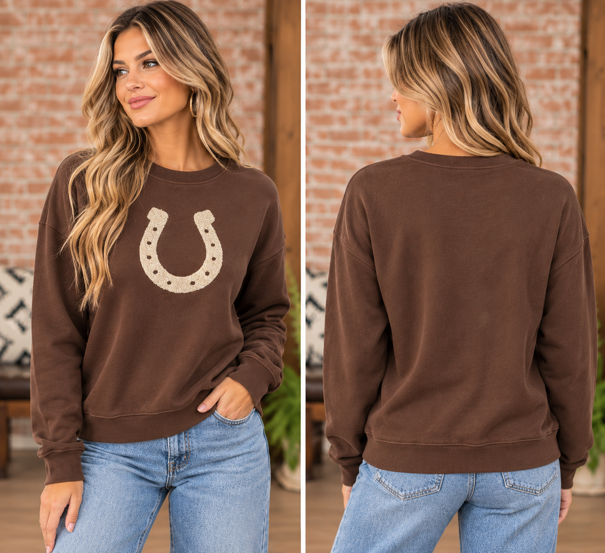 Rock & Roll Denim Horseshoe Applique Crew Neck