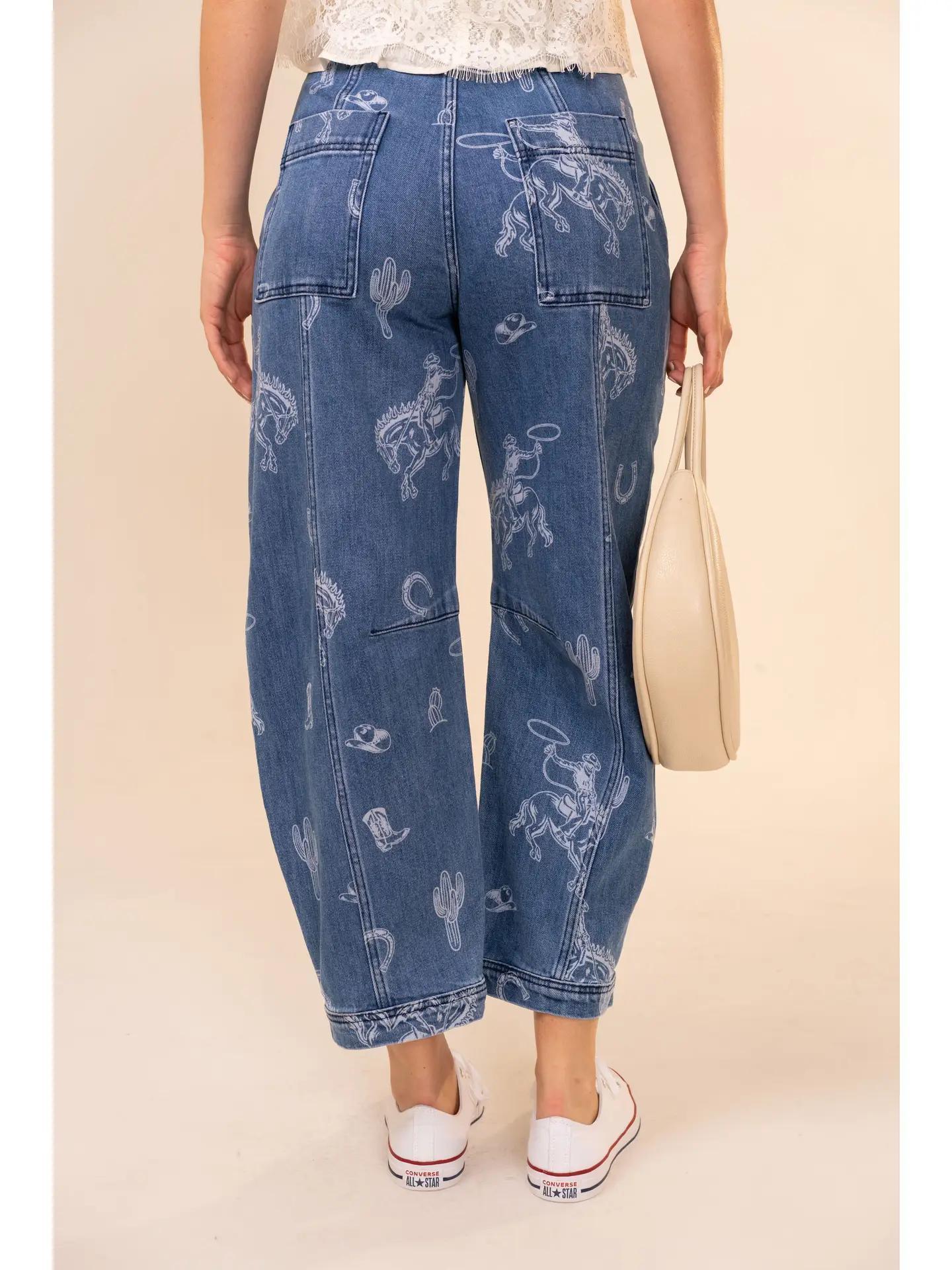 Western Print Barrel Leg Denim Jean - Medium Wash