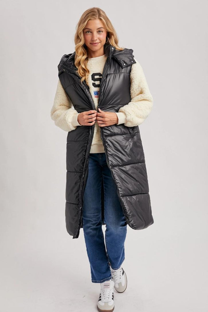 BLUIVY LONG LINE BELT PUFFER HOODED VEST - FRONT VIEW