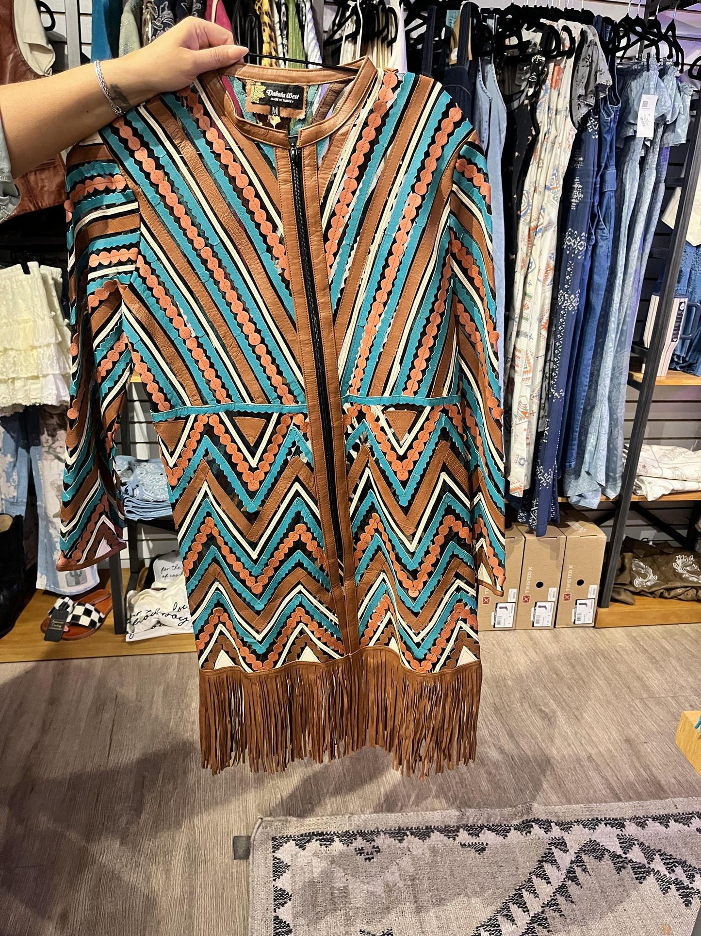 Dakota West Brown, Turq, Cream Mid length Duster