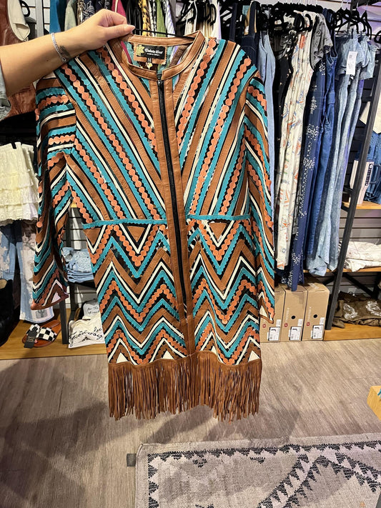 Dakota West Brown, Turq, Cream Mid length Duster