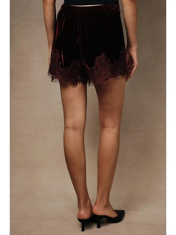 SUNDAY EDITION LACE APLIQUE HEM VELVET SHORT